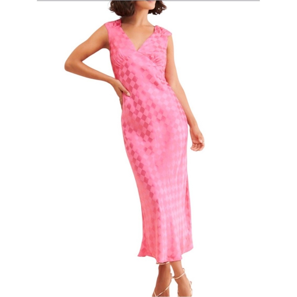 Jen's Pirate Booty Wavecrest Pink Satin Slip Maxi Dress Size XS Diamond Jacquard